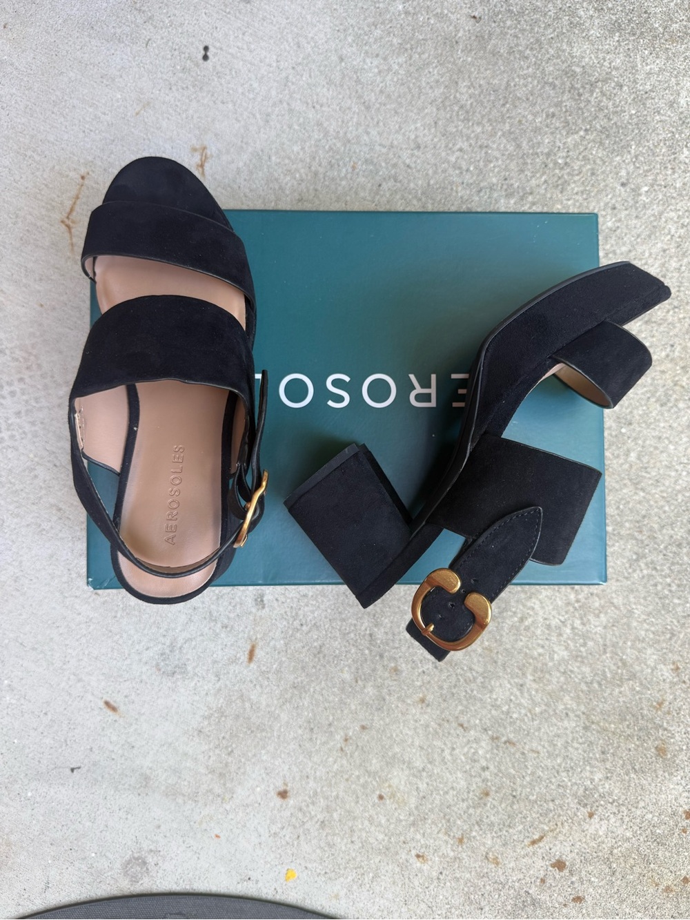 AEROSOLES Black Suede Block Heel Sandals with Gold Buckle Accent